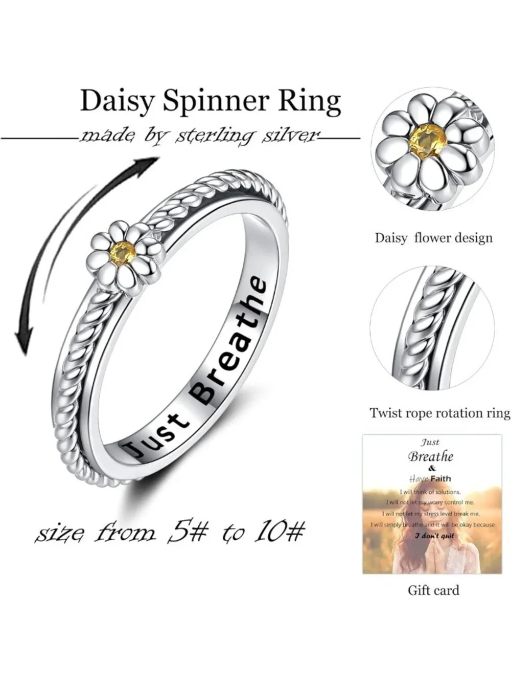 Anxiety Relief Spinner Ring - Cross, Daisy, Moon Stars, Paw Print, Cubic